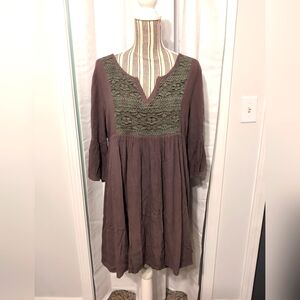 Entro Women's L Brown Boho Dress Lace‎ Bell Sleeves Keyhole Arms Cottagecore
